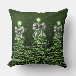 Christmas Sparkling Trees Green Faux Silver Bow  Throw Pillow