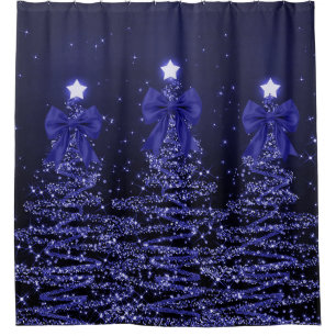Christmas Sparkling Trees Navy Blue Faux Bow