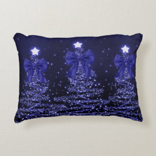 Christmas Sparkling Trees Navy Blue Faux Bow  Accent Pillow