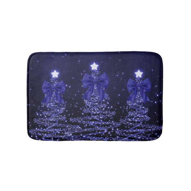 Christmas Sparkling Trees Navy Blue Faux Bow  Bath Mat (Front)