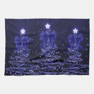 Christmas Sparkling Trees Navy Blue Faux Bow  Kitchen Towel
