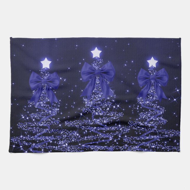 Christmas Sparkling Trees Navy Blue Faux Bow  Kitchen Towel (Horizontal)