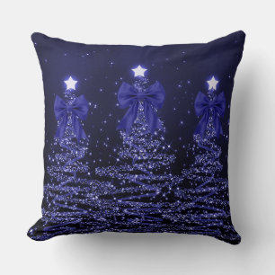 Christmas Sparkling Trees Navy Blue Faux Bow  Throw Pillow