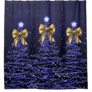 Christmas Sparkling Trees Navy Blue Faux Gold Bow 
