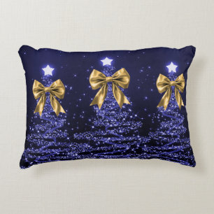 Christmas Sparkling Trees Navy Blue Faux Gold Bow  Accent Pillow