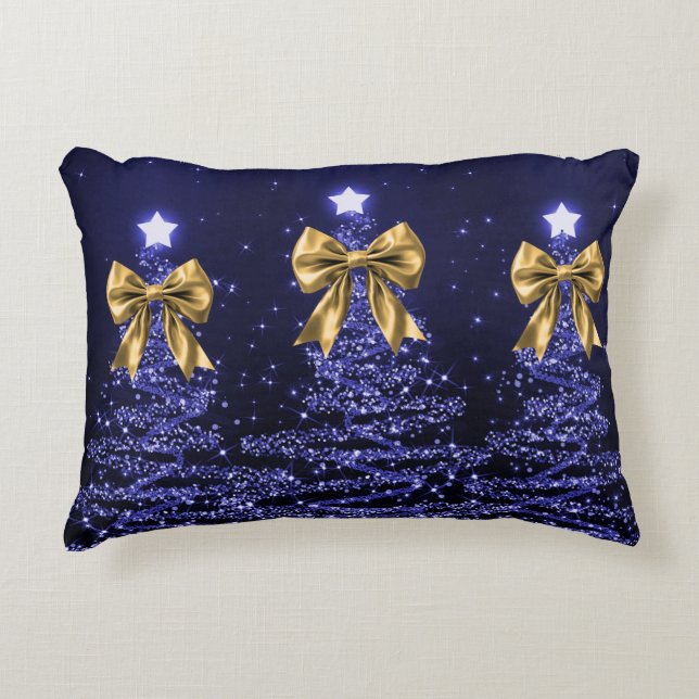 Christmas Sparkling Trees Navy Blue Faux Gold Bow  Accent Pillow (Front)