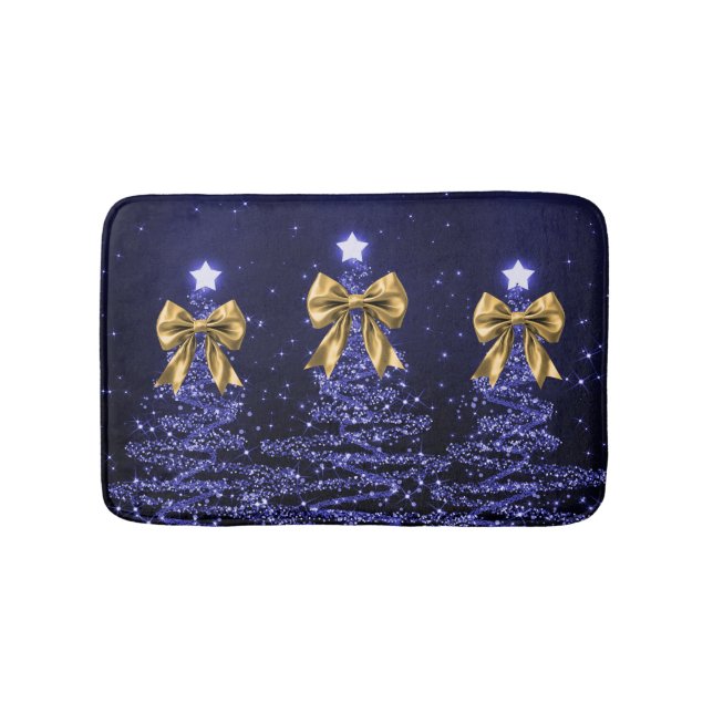 Christmas Sparkling Trees Navy Blue Faux Gold Bow  Bath Mat (Front)