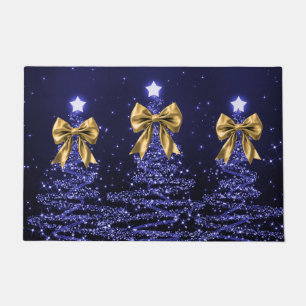Christmas Sparkling Trees Navy Blue Faux Gold Bow  Doormat