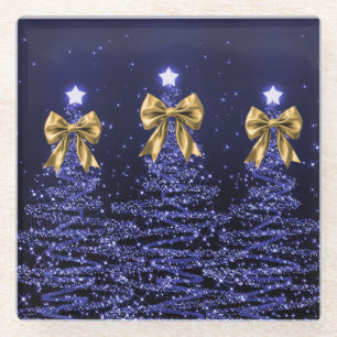 Christmas Sparkling Trees Navy Blue Faux Gold Bow Glass Coaster