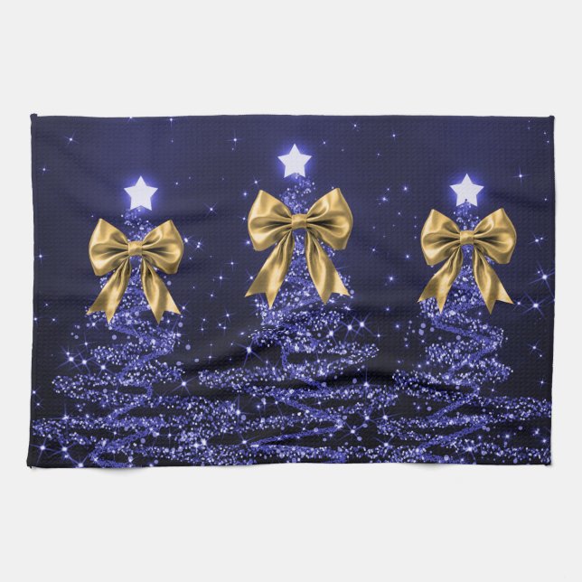 Christmas Sparkling Trees Navy Blue Faux Gold Bow  Kitchen Towel (Horizontal)