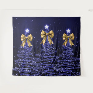Christmas Sparkling Trees Navy Blue Faux Gold Bow  Tapestry