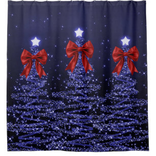 Christmas Sparkling Trees Navy Blue Faux Red Bow 