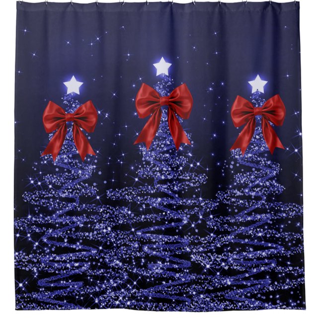Christmas Sparkling Trees Navy Blue Faux Red Bow  (Front)