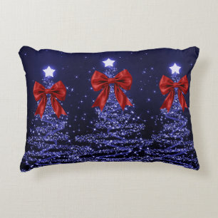 Christmas Sparkling Trees Navy Blue Faux Red Bow  Accent Pillow