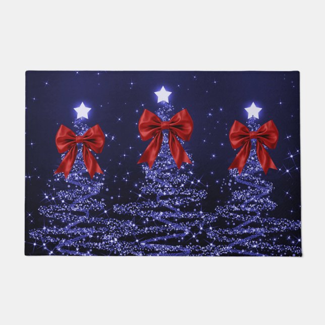 Christmas Sparkling Trees Navy Blue Faux Red Bow  Doormat (Front)