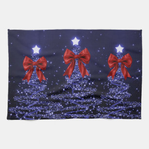 Christmas Sparkling Trees Navy Blue Faux Red Bow  Kitchen Towel