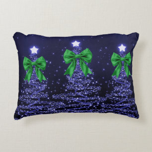 Christmas Sparkling Trees Navy Blue Green Bow  Accent Pillow