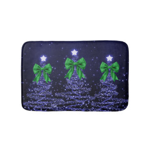 Christmas Sparkling Trees Navy Blue Green Bow  Bath Mat