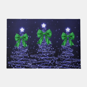 Christmas Sparkling Trees Navy Blue Green Bow  Doormat