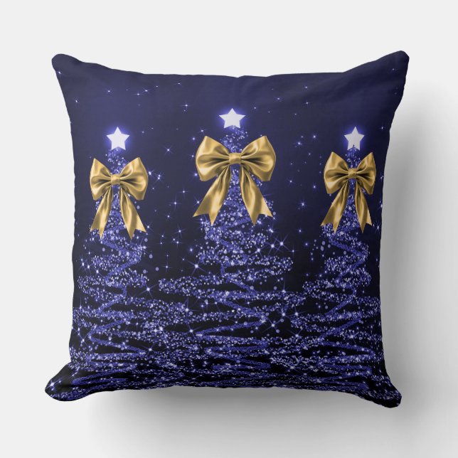 Christmas Sparkling Trees Navy Faux Gold Bow  Throw Pillow (Front)