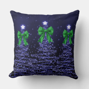 Christmas Sparkling Trees Navy Faux Green Bow  Throw Pillow