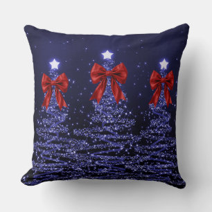 Christmas Sparkling Trees Navy Faux Red Bow  Throw Pillow