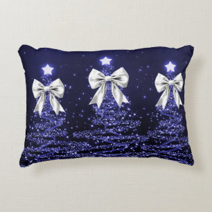 Christmas Sparkling Trees Navy Faux Silver Bow  Accent Pillow