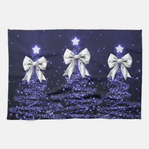 Christmas Sparkling Trees Navy Faux Silver Bow  Kitchen Towel