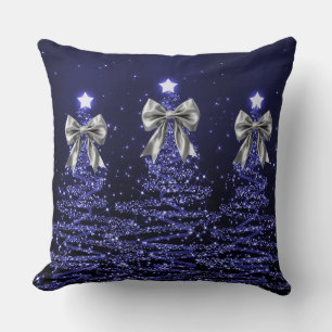 Christmas Sparkling Trees Navy Faux Silver Bow  Throw Pillow