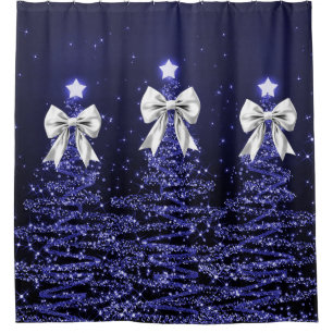 Christmas Sparkling Trees Navy Silver Faux Bow 