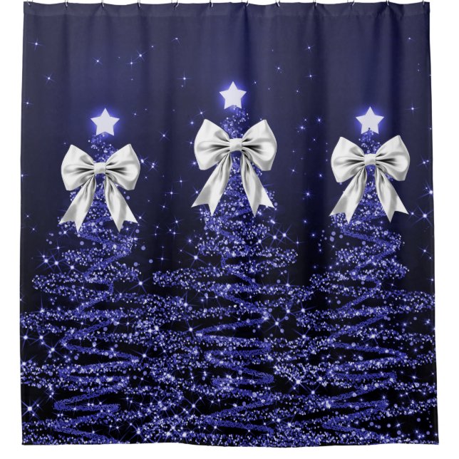 Christmas Sparkling Trees Navy Silver Faux Bow  (Front)