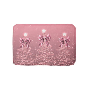 Christmas Sparkling Trees Pink Blush Faux Bow Bath Mat