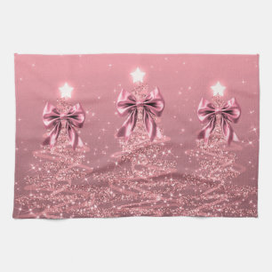 Christmas Sparkling Trees Pink Blush Faux Bow  Kitchen Towel