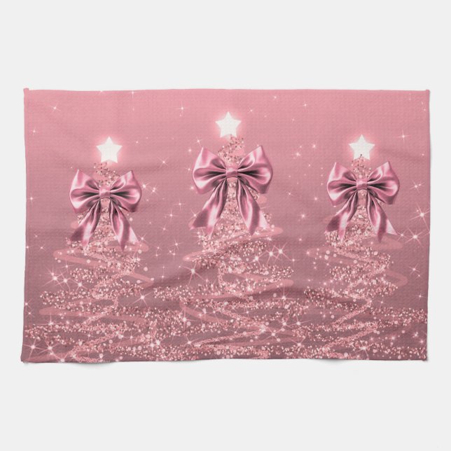 Christmas Sparkling Trees Pink Blush Faux Bow  Kitchen Towel (Horizontal)