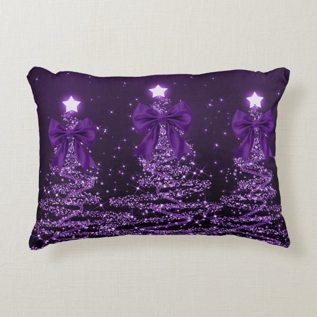 Christmas Sparkling Trees Purple Faux Bow  Accent Pillow (Front)