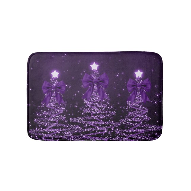 Christmas Sparkling Trees Purple Faux Bow  Bath Mat (Front)