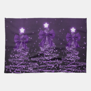 Christmas Sparkling Trees Purple Faux Bow  Kitchen Towel