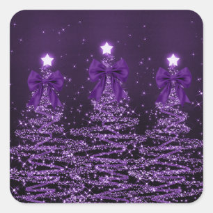 Christmas Sparkling Trees Purple Faux Bow Square Sticker
