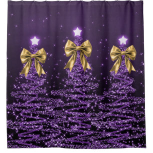 Christmas Sparkling Trees Purple Faux Gold Bow