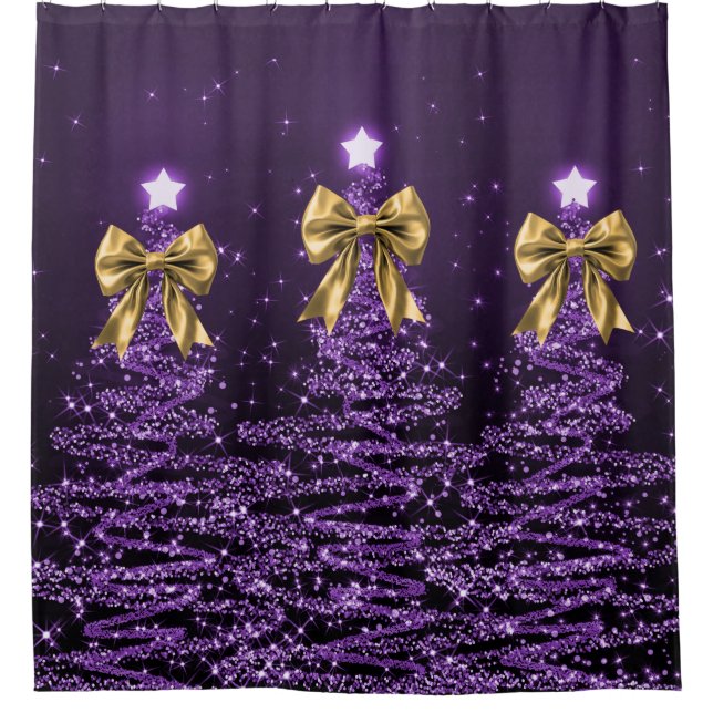 Christmas Sparkling Trees Purple Faux Gold Bow  (Front)