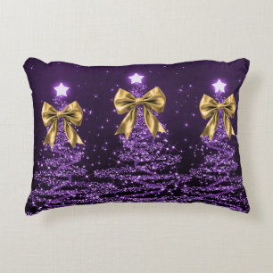 Christmas Sparkling Trees Purple Faux Gold Bow  Accent Pillow