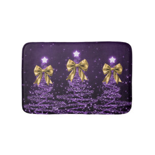 Christmas Sparkling Trees Purple Faux Gold Bow  Bath Mat