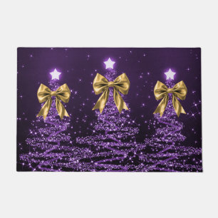 Christmas Sparkling Trees Purple Faux Gold Bow Doormat