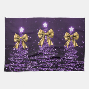 Christmas Sparkling Trees Purple Faux Gold Bow  Kitchen Towel