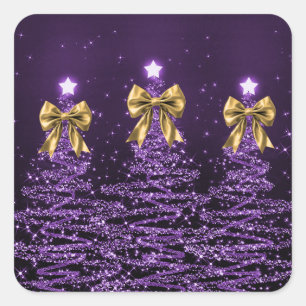 Christmas Sparkling Trees Purple Faux Gold Bow Square Sticker
