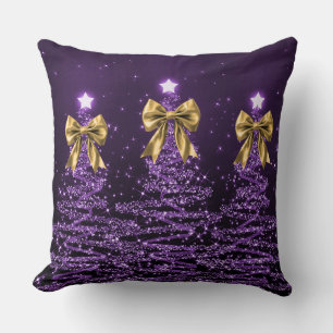 Christmas Sparkling Trees Purple Faux Gold Bow Throw Pillow