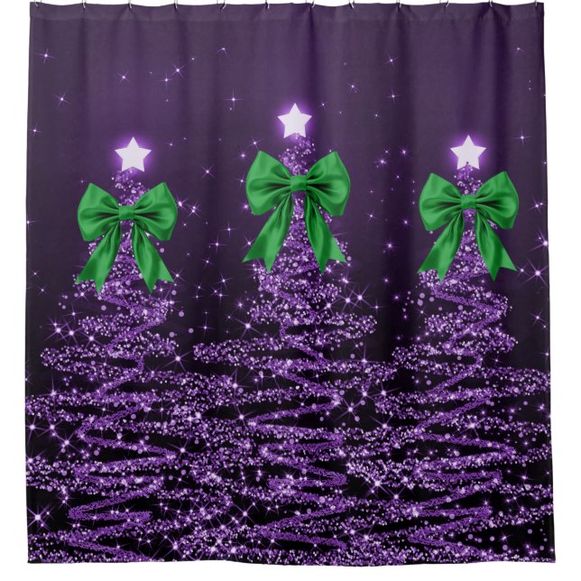 Christmas Sparkling Trees Purple Faux Green Bow  (Front)