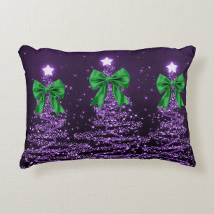 Christmas Sparkling Trees Purple Faux Green Bow  Accent Pillow