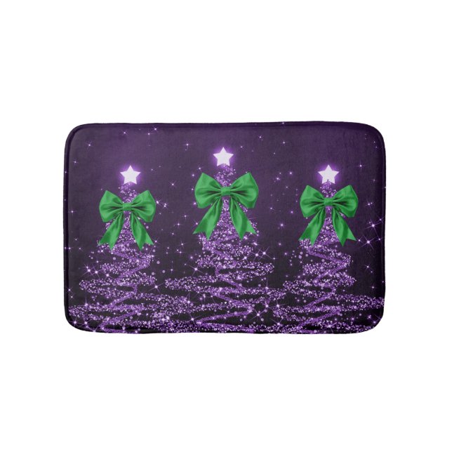 Christmas Sparkling Trees Purple Faux Green Bow  Bath Mat (Front)