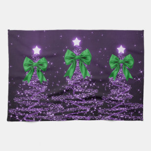 Christmas Sparkling Trees Purple Faux Green Bow  Kitchen Towel